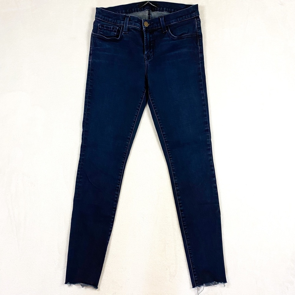 J Brand 27 Skinny Leg Dark Wash Mid Rise Jeans Atmosphere Stretch Released Hem